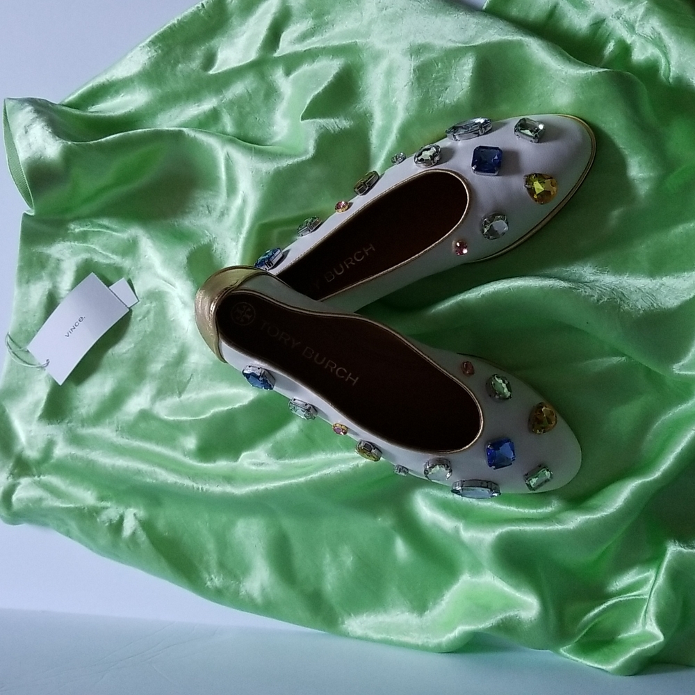 Tory Burch Crystal-Embellished Leather Flat Ballet Ivory Gold Size 9.5 - Picture 13 of 13